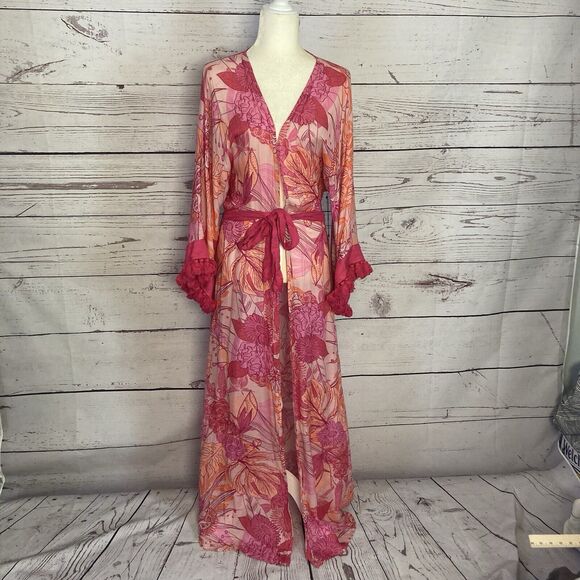 Revolve Lovewave Robe Womens Medium The‎ Hallie Maxi Pink Floral Belted - Picture 1 of 9